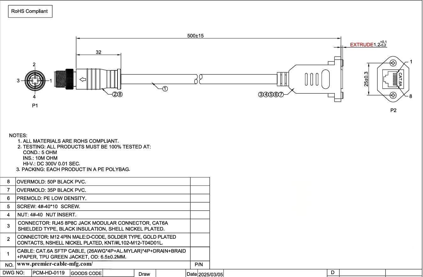 Profinet M12 4Pin D Code to RJ45 Female Industrial Cat6A Ethernet Extension Cable Screw Panel Mount IP67 Shielded Industrial Camera Cable