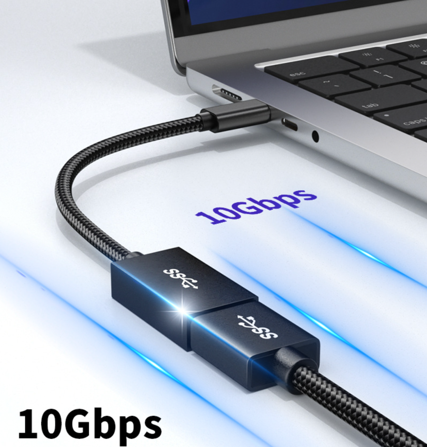 Laptop with a USB-C cable connected, displaying '10Gbps' text.