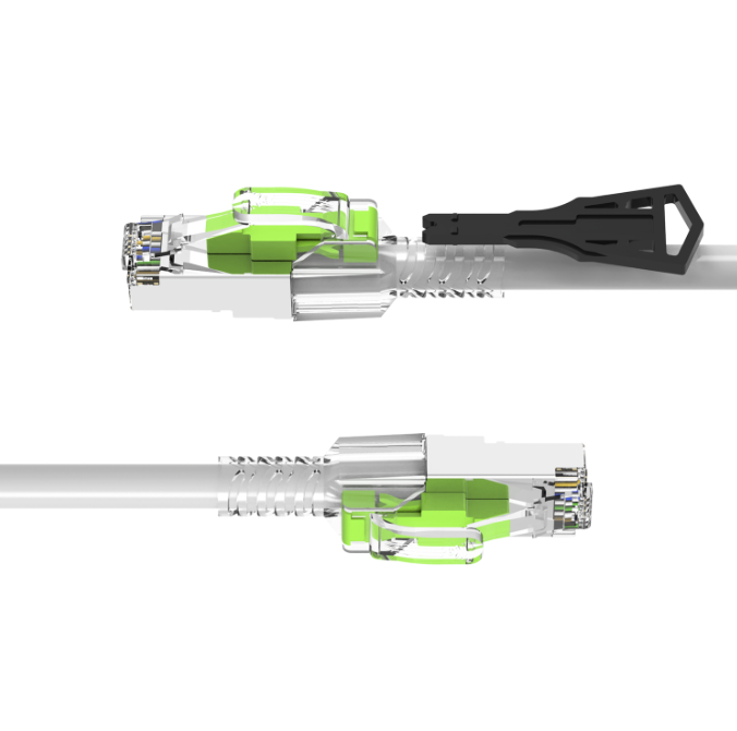 Two Ethernet cables with green connectors on a white background