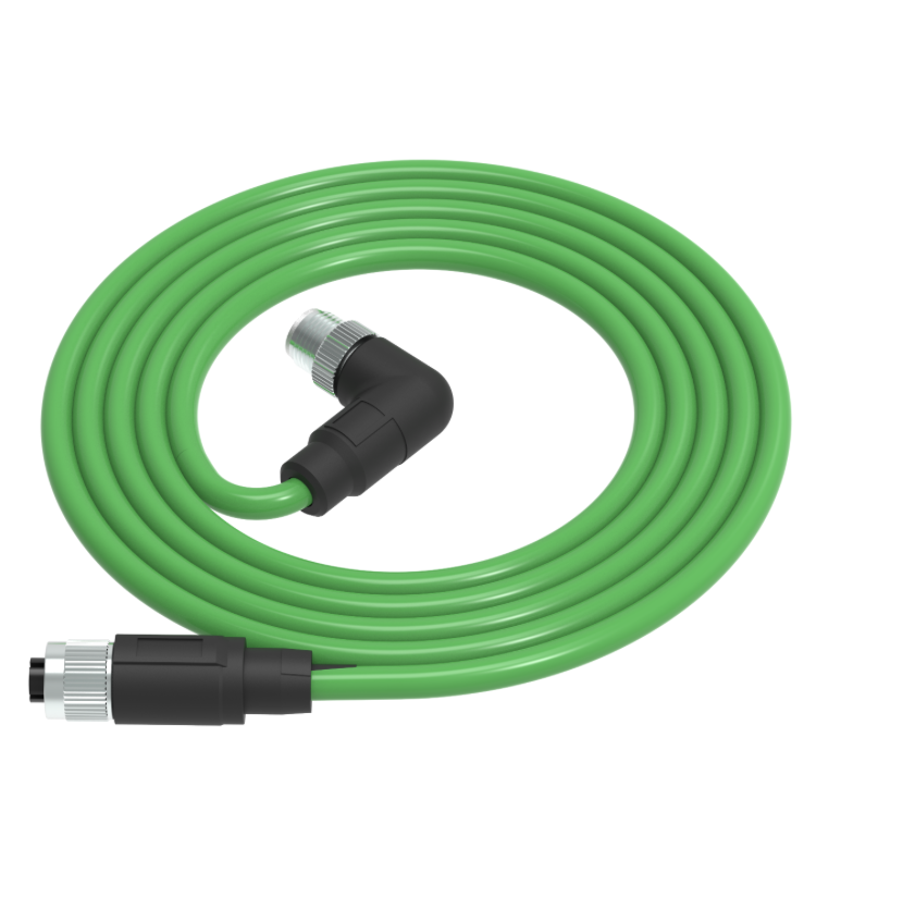 Green garden hose with black connectors on a white background