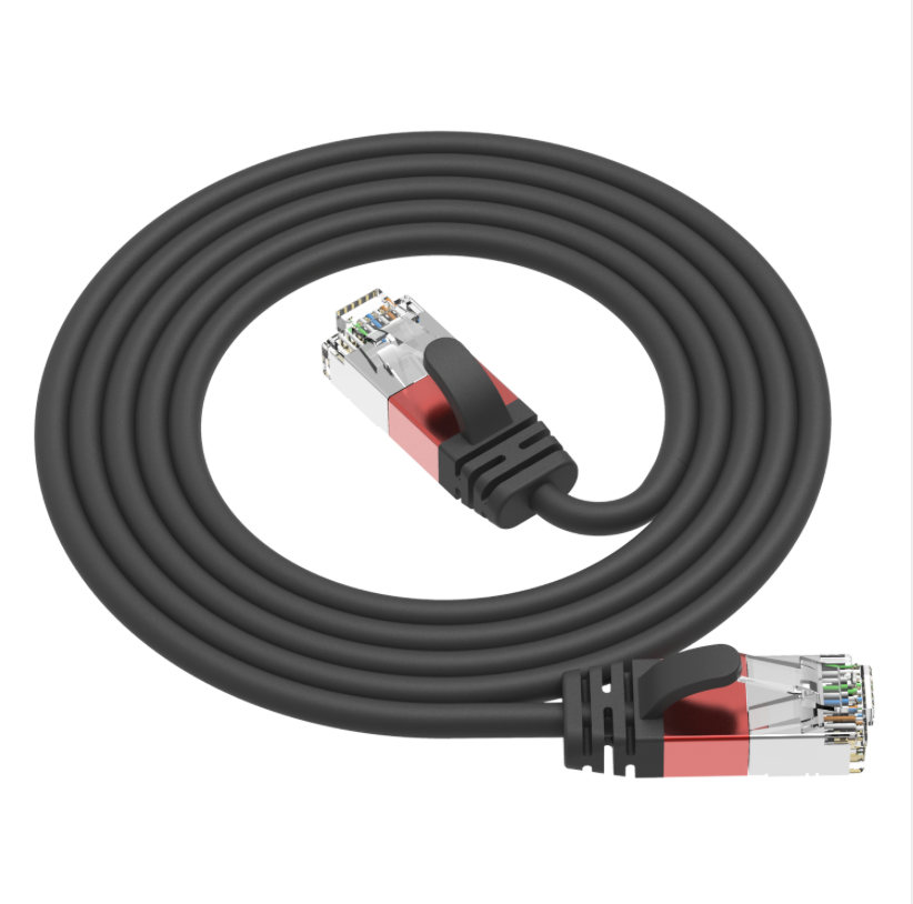 Coiled Ethernet cable with red and black connectors on a white background