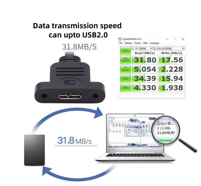 Type-B USB 2.0 Male to Micro B Female Screw Mount Type Extension Cable 480Mbps