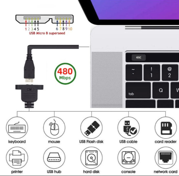 Type-B USB 2.0 Male to Micro B Female Screw Mount Type Extension Cable 480Mbps