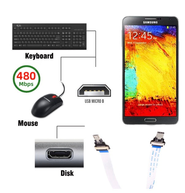 USB C Male Host to 5Pin Micro USB 2.0 Male Target Data OTG Flat Slim FPC Cable