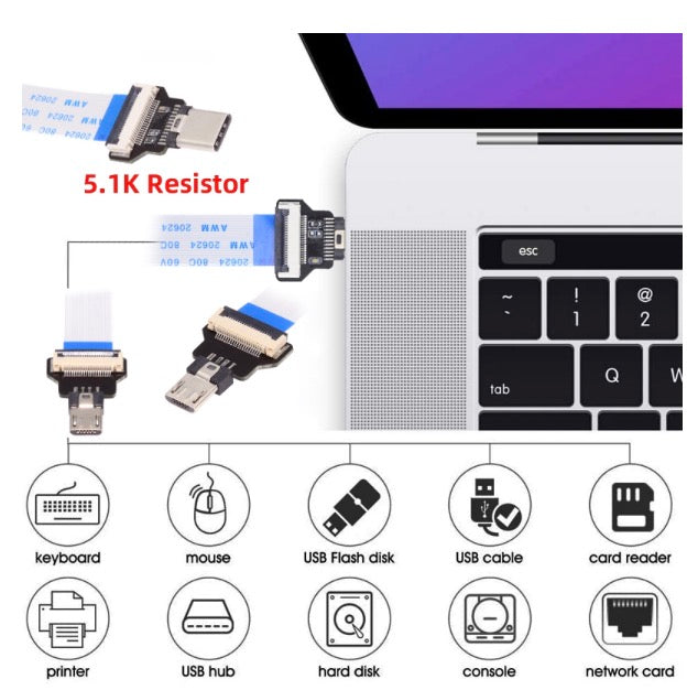 USB C Male Host to 5Pin Micro USB 2.0 Male Target Data OTG Flat Slim FPC Cable