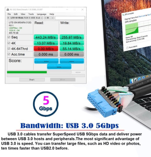 20Pin Header to USB 3.0 Dual Ports Female Screw Mount Cable - Down Angle