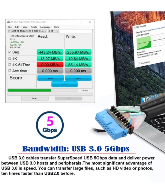 20Pin Header to USB 3.0 Dual Ports Female Screw Mount Cable - UP Angle