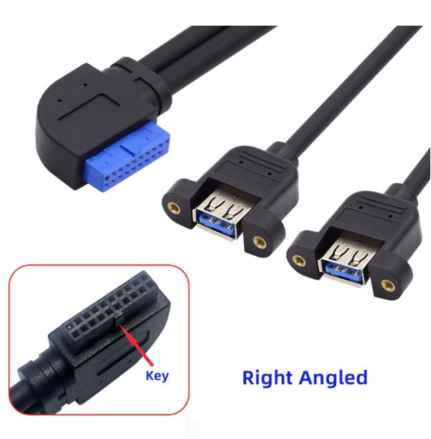 20Pin Header to USB 3.0 Dual Ports Female Screw Mount Cable - Right Angle