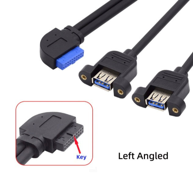 20Pin Header to USB 3.0 Dual Ports Female Screw Mount Cable - Left Angle