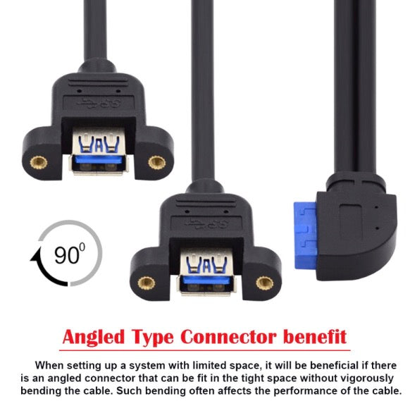 20Pin Header to USB 3.0 Dual Ports Female Screw Mount Cable - Left Angle