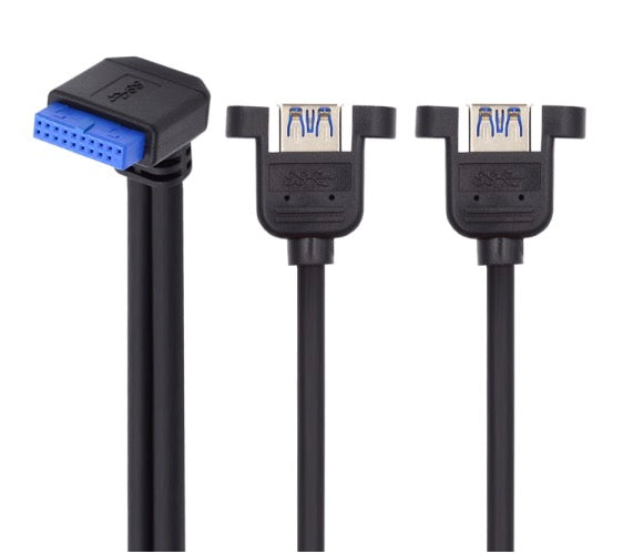 20Pin Header to USB 3.0 Dual Ports Female Screw Mount Cable - UP Angle