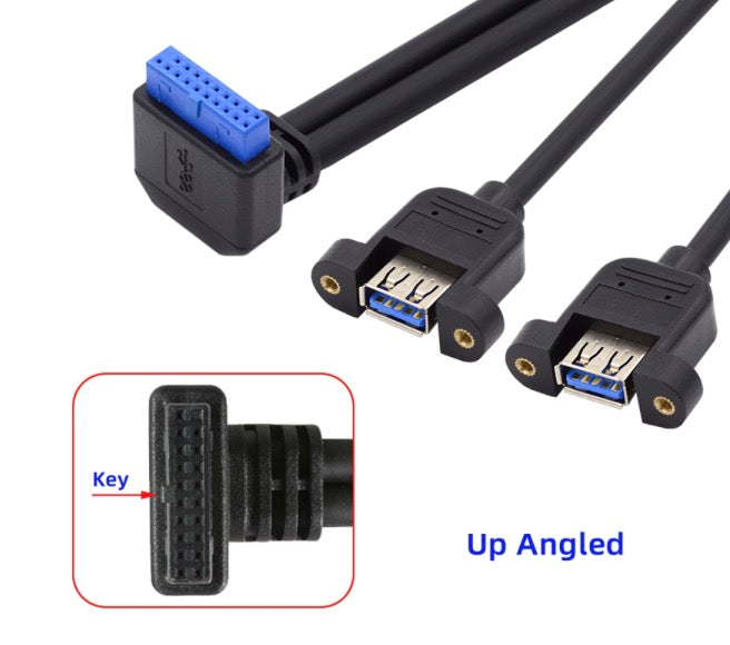 20Pin Header to USB 3.0 Dual Ports Female Screw Mount Cable - UP Angle