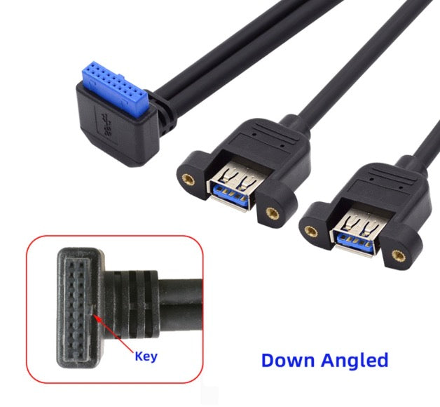 20Pin Header to USB 3.0 Dual Ports Female Screw Mount Cable - Down Angle