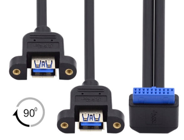 20Pin Header to USB 3.0 Dual Ports Female Screw Mount Cable - Down Angle