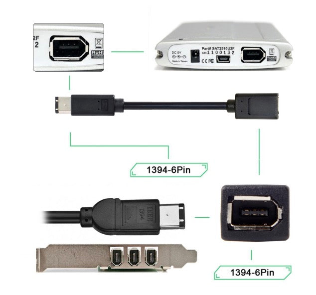1394 6-Pin Female to 1394b 6-Pin Male FireWire 400 to 400 Extension Cable