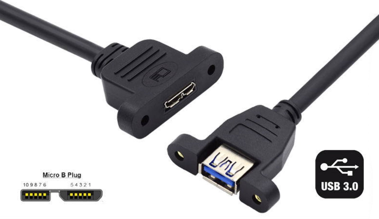 Type-A USB 3.0 Female to Micro 3.0 Type-B Female Screw Mount Type Extension Cable 5Gbps