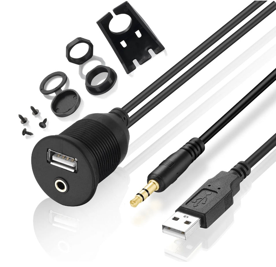 USB 2.0 + 3.5mm AUX 1/8" Audio Water Resistant Extension Cable For Truck Trailer Boat Motorcycle