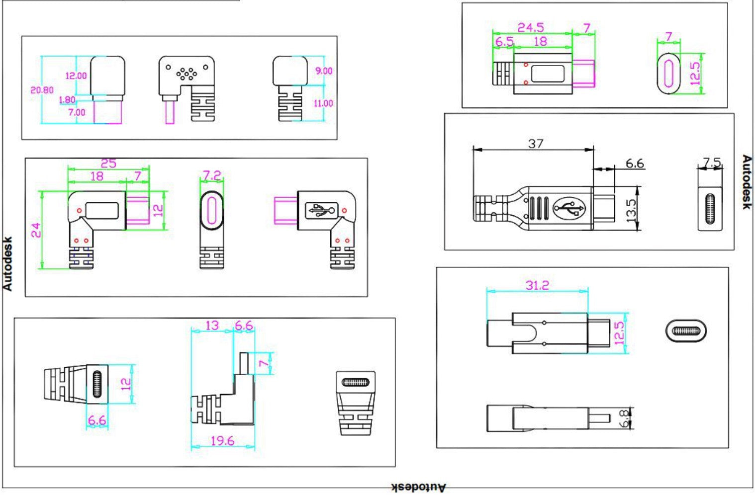 USB 3.1 Type C Angled Male to Mini USB Male Data Charging Cable 0.25m