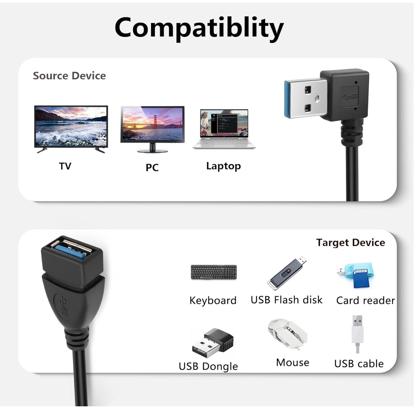 USB 3.0 Type A Male to Female 90 Degree Angled Extension Cable 0.3m