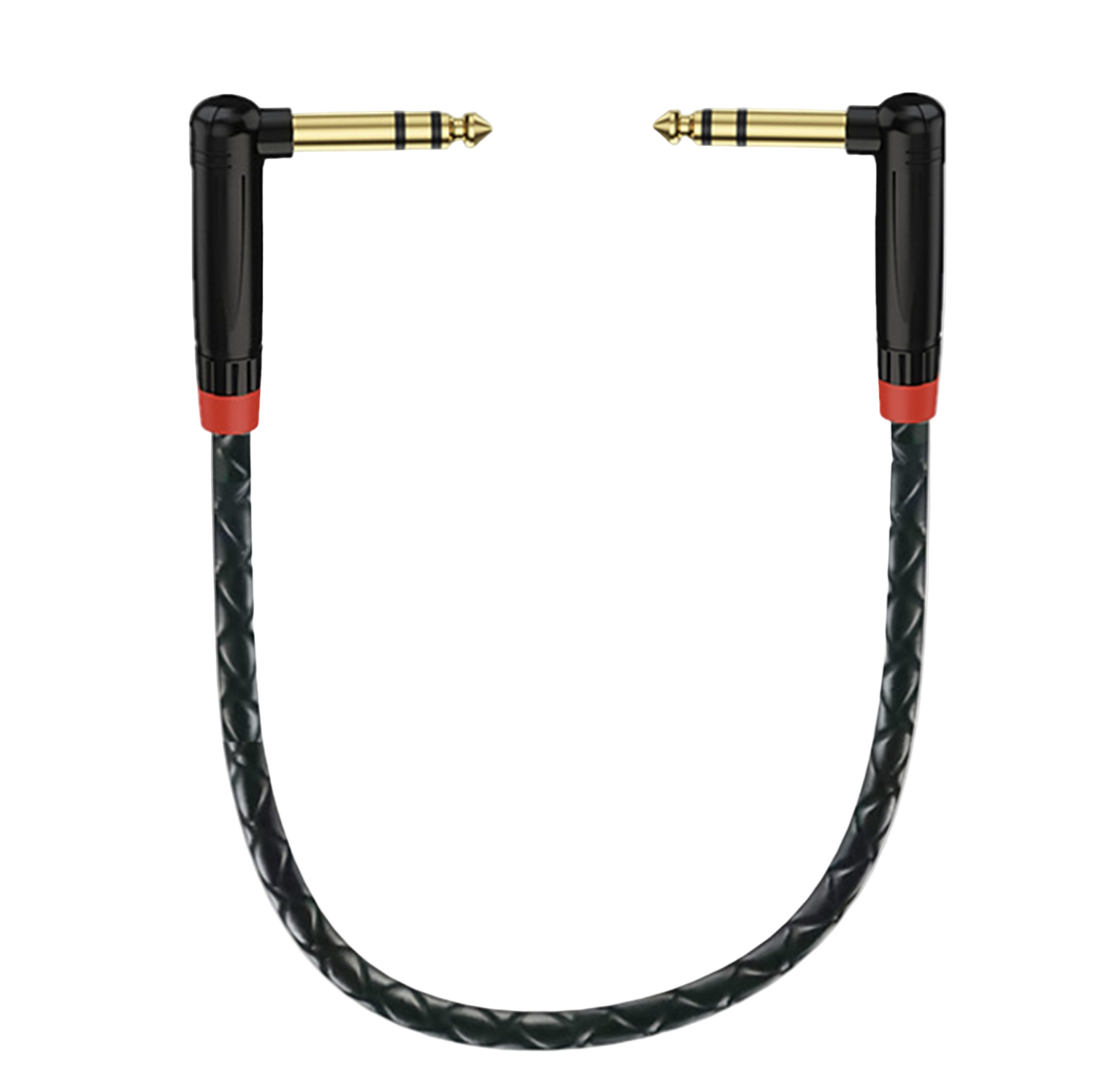 Black audio cable with gold connectors on a white background