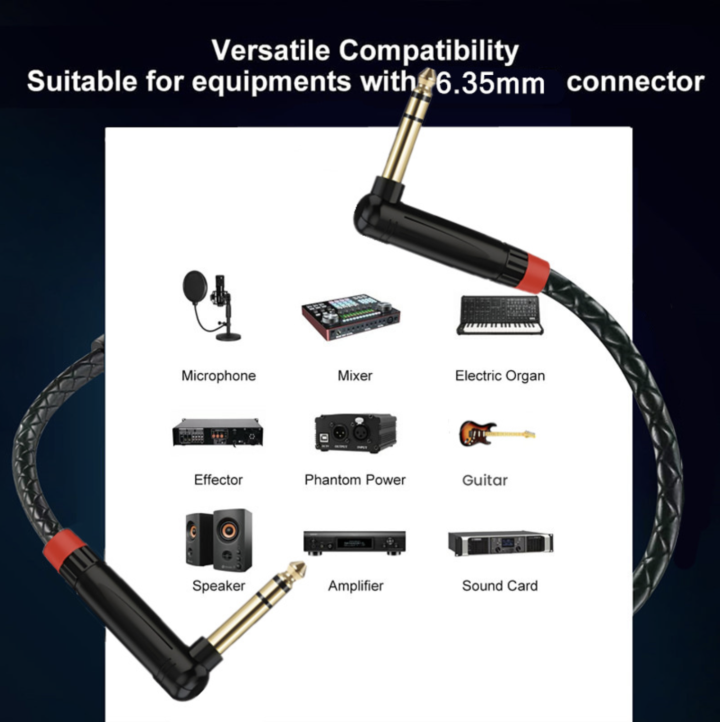 Bendable audio cable with 6.35mm connector compatibility for various music equipment on a white background.