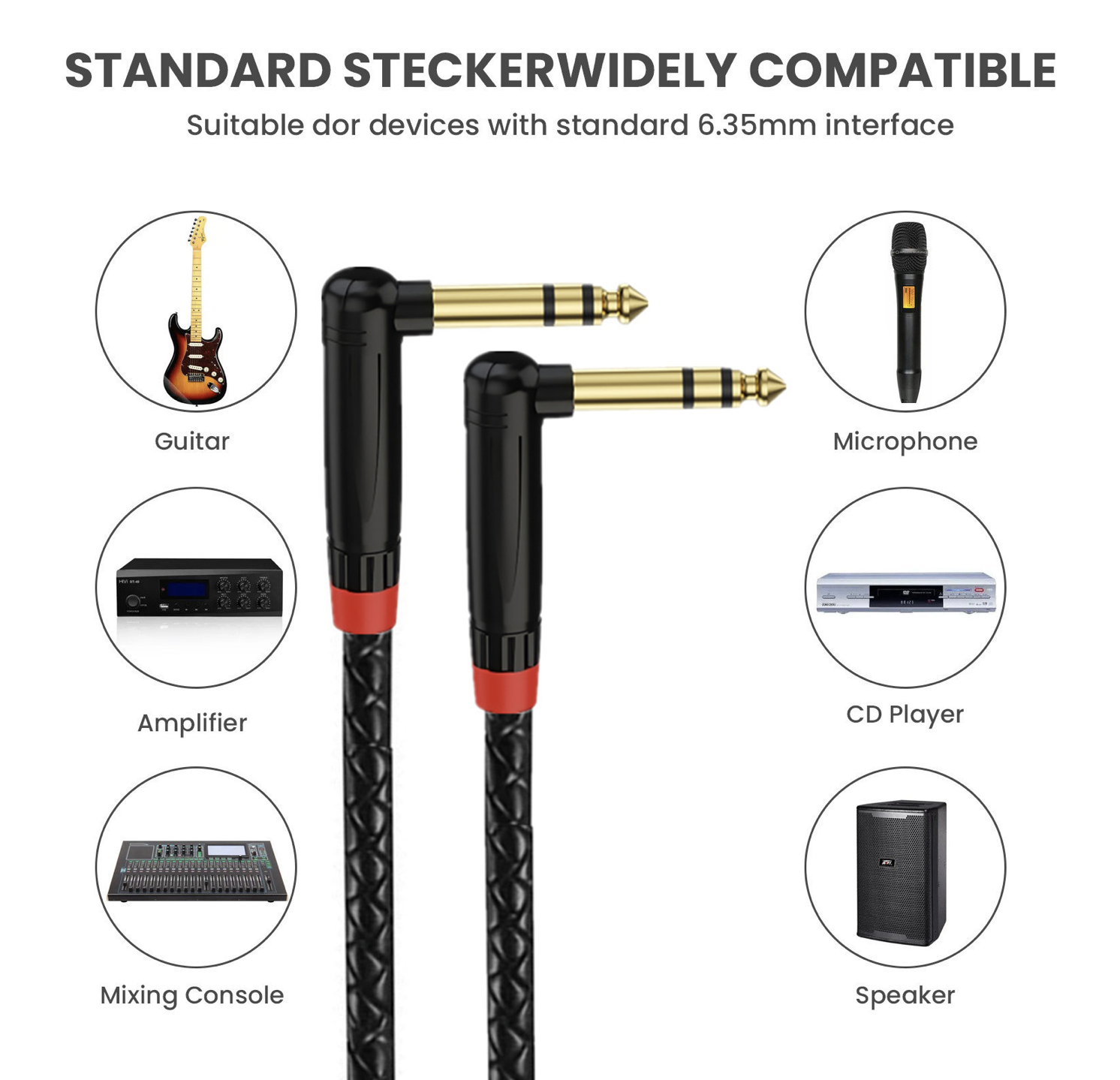 Two audio cables with right-angle connectors on a white background, showing compatibility with various devices.