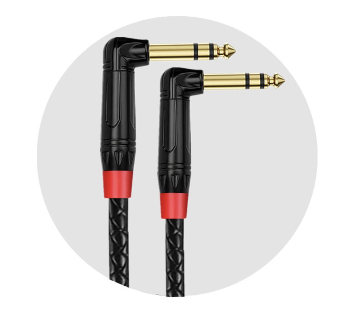Two audio cables with gold connectors on a white background