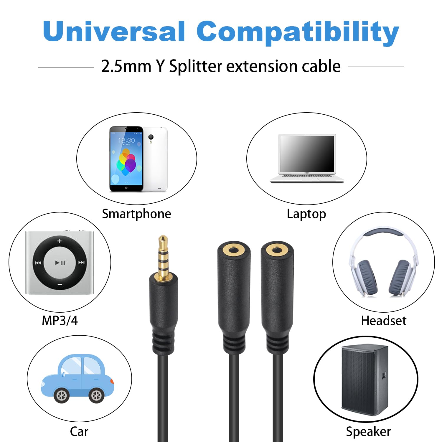 2.5mm Male to Dual 2.5mm Female TRRS Y Splitter Audio Microphone Extension Cable