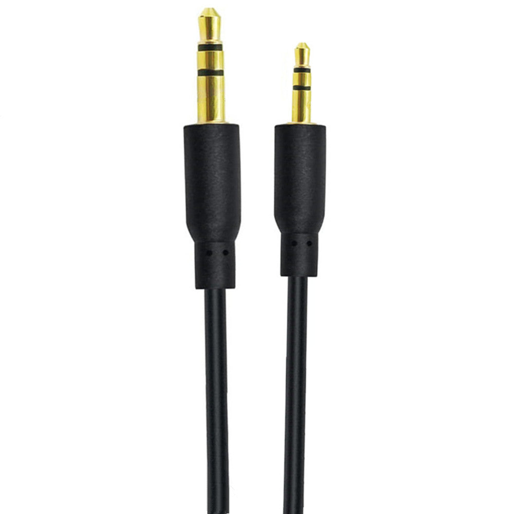 A black 2.5mm to 3.5mm 3 pole auxiliary audio cable with gold-plated connectors on both ends.