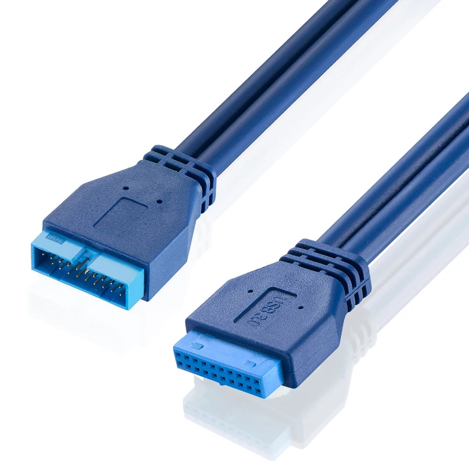 A blue USB 3.0 mother board header extension cable with a 20 pin male to female connector.