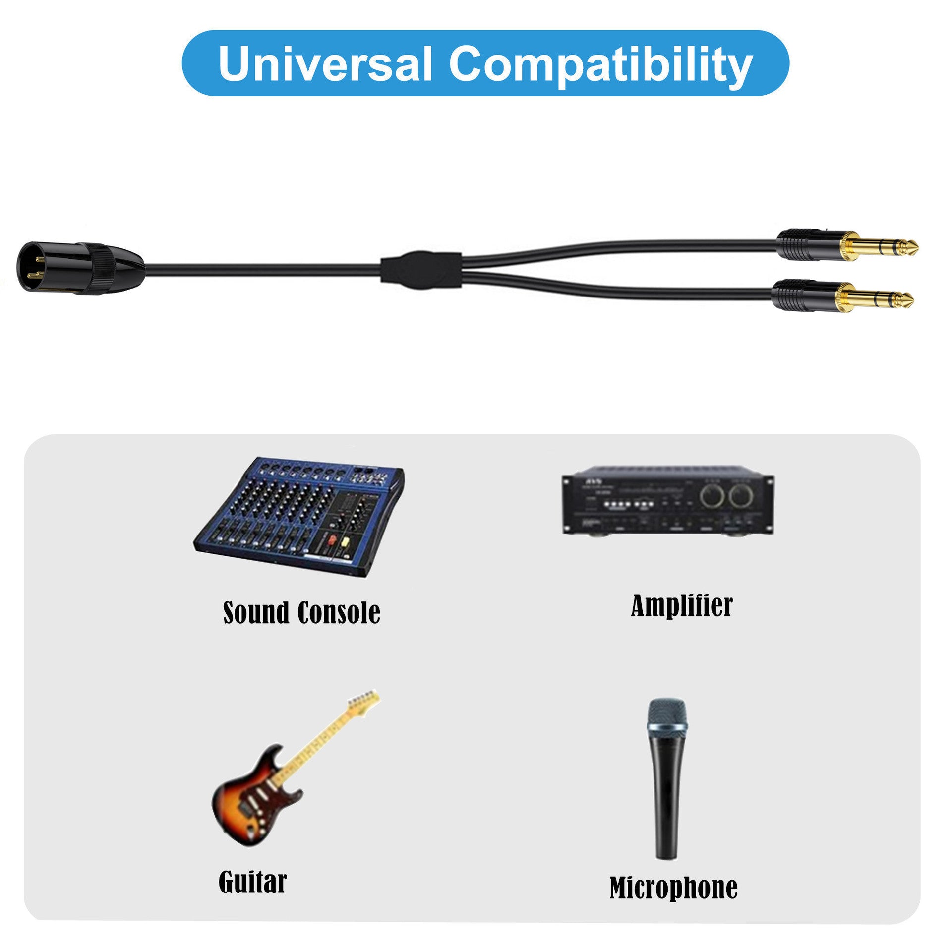 XLR Male to Dual 6.35mm 1/4'' TRS Male Microphone Stereo Unbalanced Audio Converter Y Splitter Cable