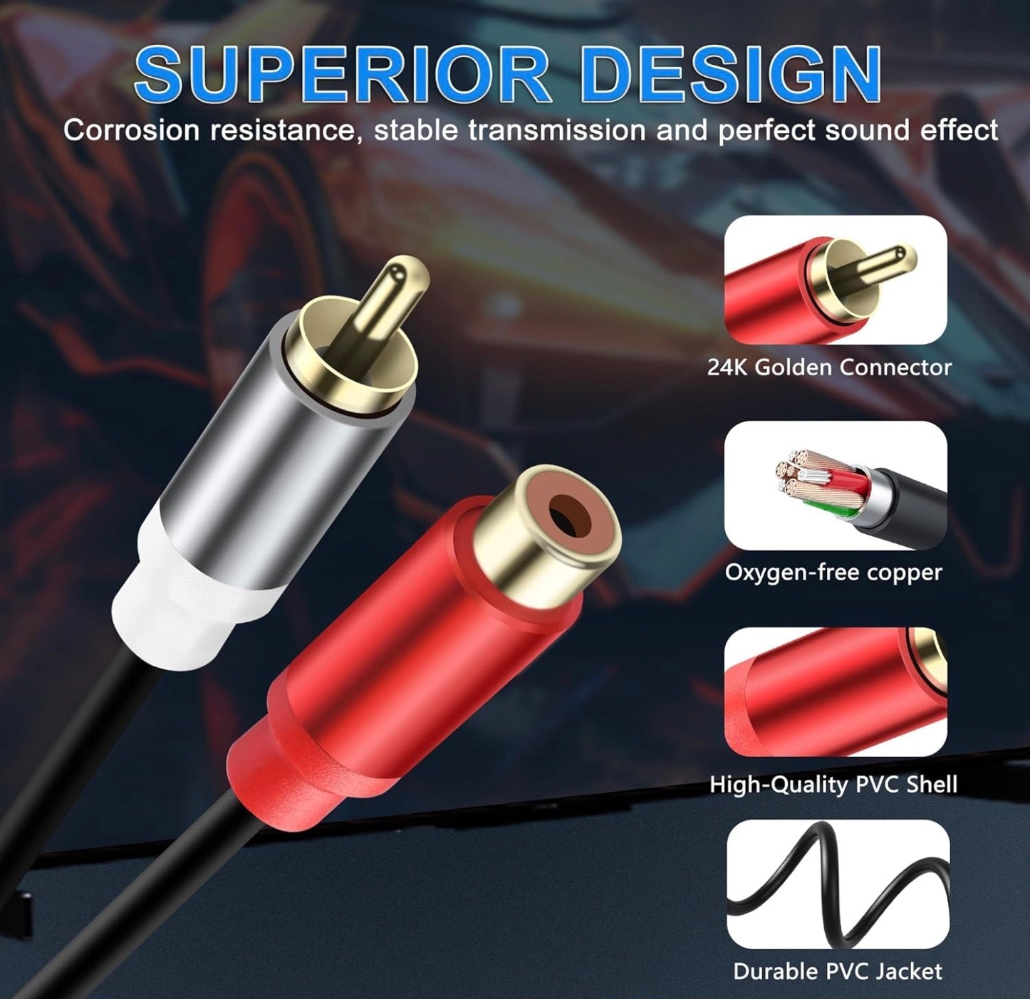 2 RCA male to 2 RCA female stereo audio extension adapter cable for subwoofer and Hi-Fi systems
