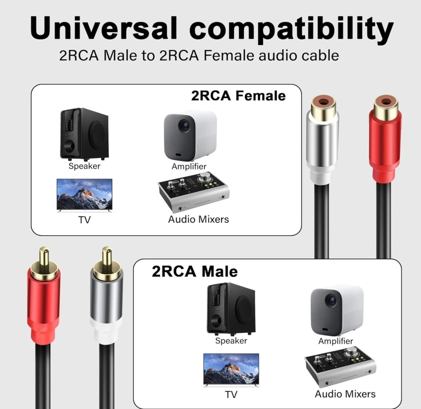 2 RCA male to 2 RCA female stereo audio extension adapter cable for subwoofer and Hi-Fi systems