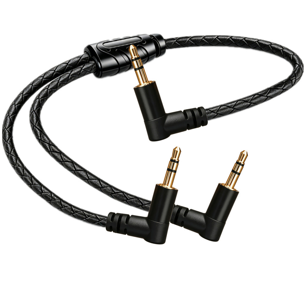 Coiled black braided 3.5mm male to dual male Y cable with 90-degree right-angle plugs at all three ends