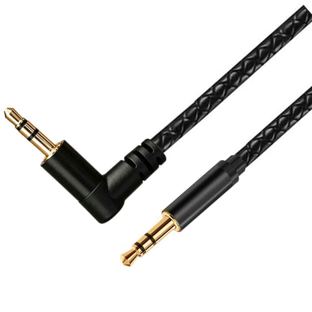 Straight and right-angle 3.5mm TRS male plugs above loops of black braided audio cable