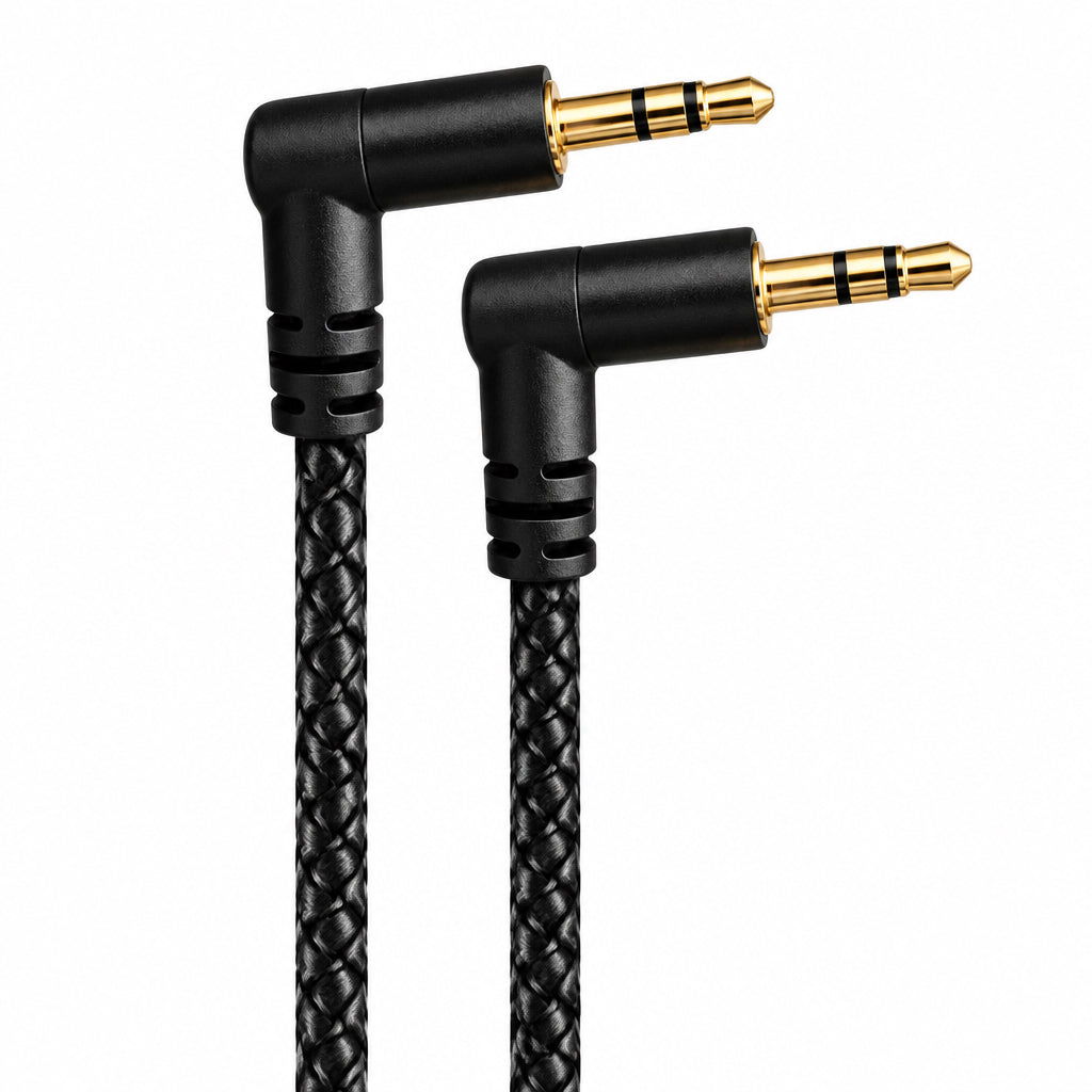 wo right-angle 3.5mm TRS male plugs with black housings and braided cabl