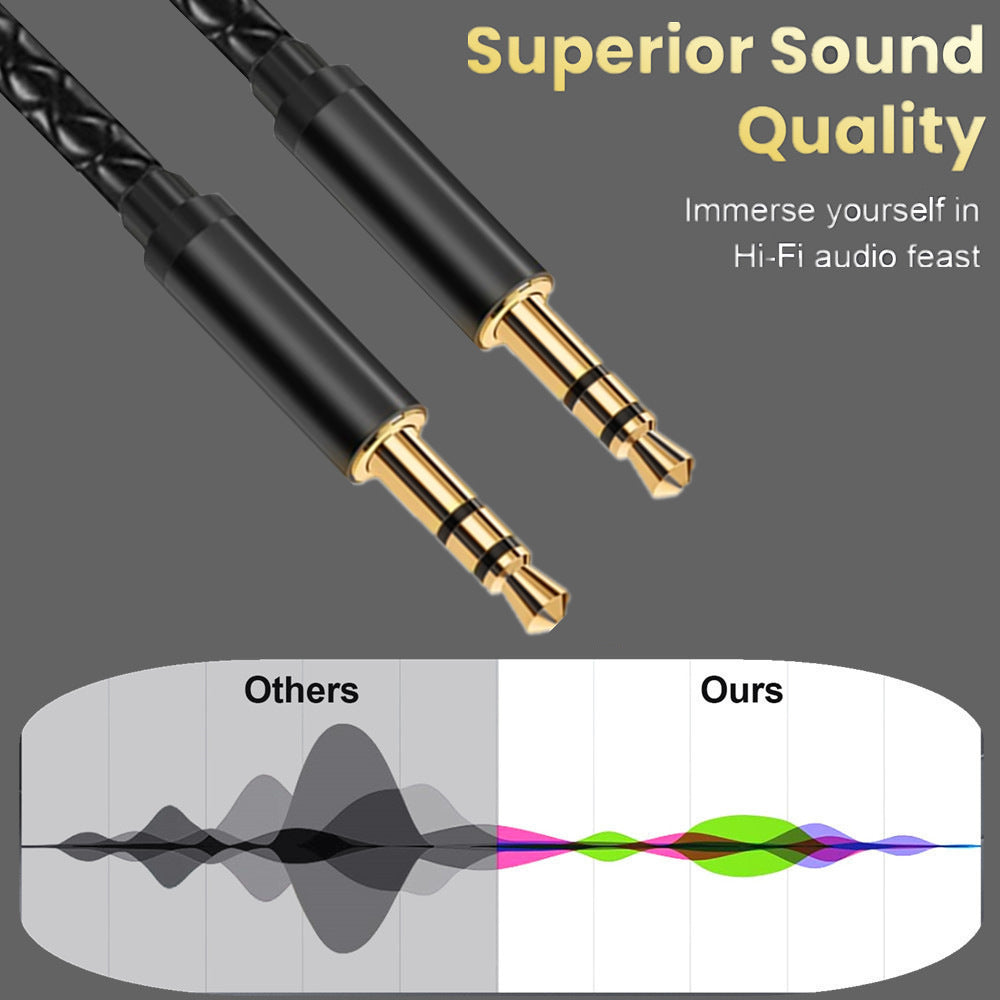 Close-up of two straight 3.5mm TRS male plugs above a supplier sound-quality comparison graphic