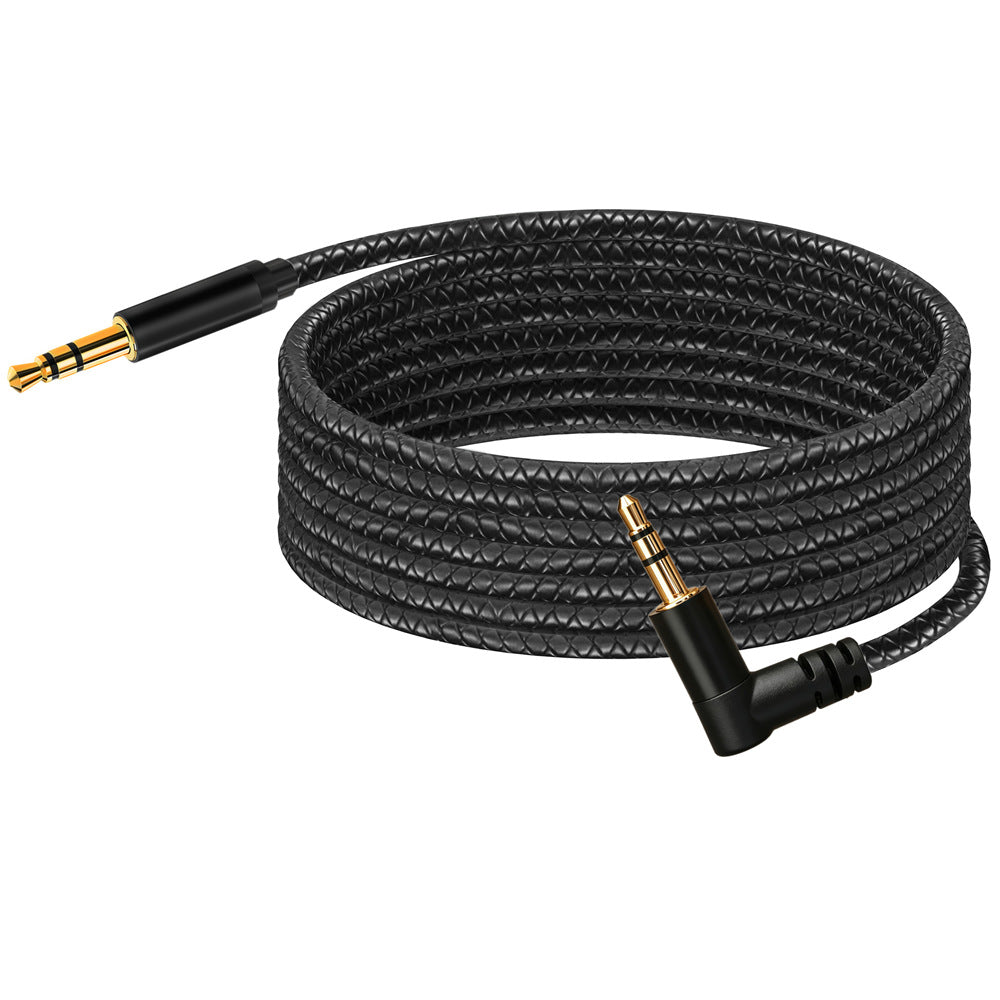 Straight and 90-degree 3.5mm stereo jack plugs with black housings against a circular grey background