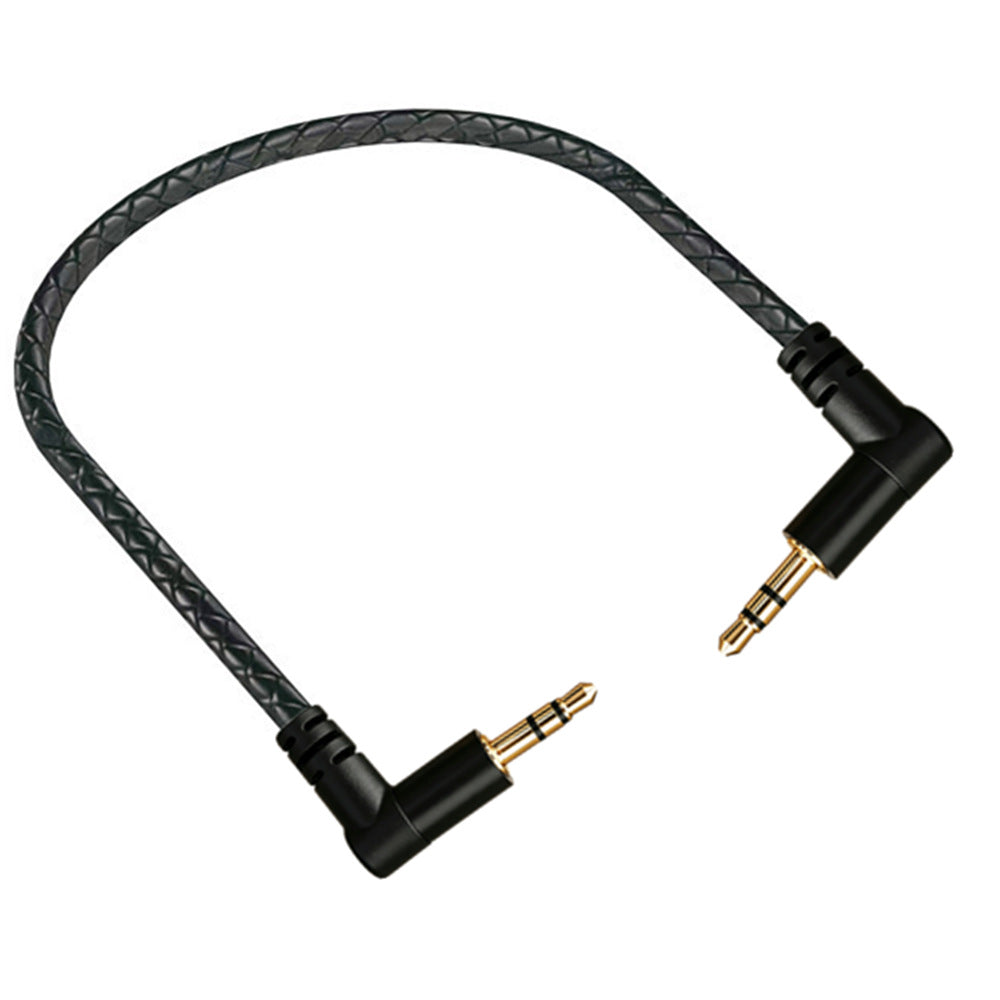 Black braided 3.5mm AUX cable arranged in a loop with 90-degree male plugs at both ends