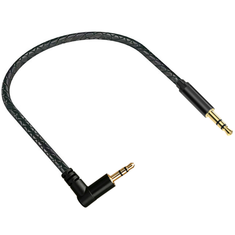 Coiled black braided 3.5mm stereo audio cable showing straight and 90-degree male connectors