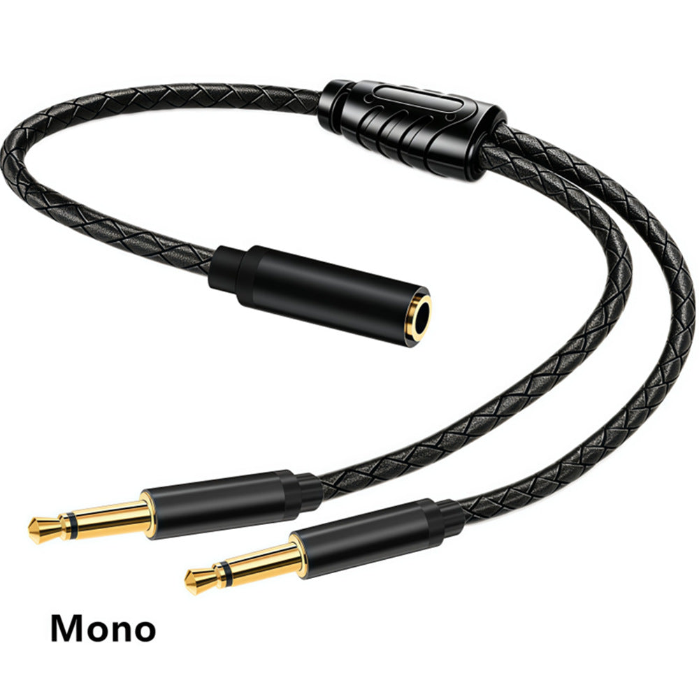 Black braided 3.5mm female to dual mono male Y cable laid out on white, showing all three connectors and a Mono label