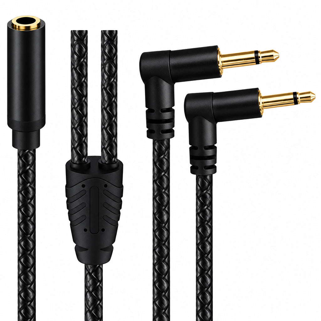 Close-up of a black braided Y cable showing one 3.5mm female socket, two right-angle mono male plugs and the splitter junction