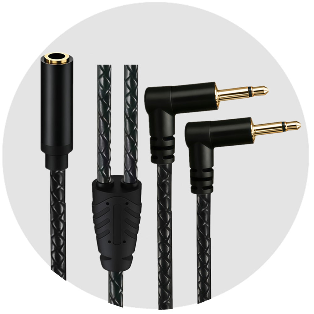 Female socket and two right-angle mono male plugs on a black braided Y cable against a light grey circular background