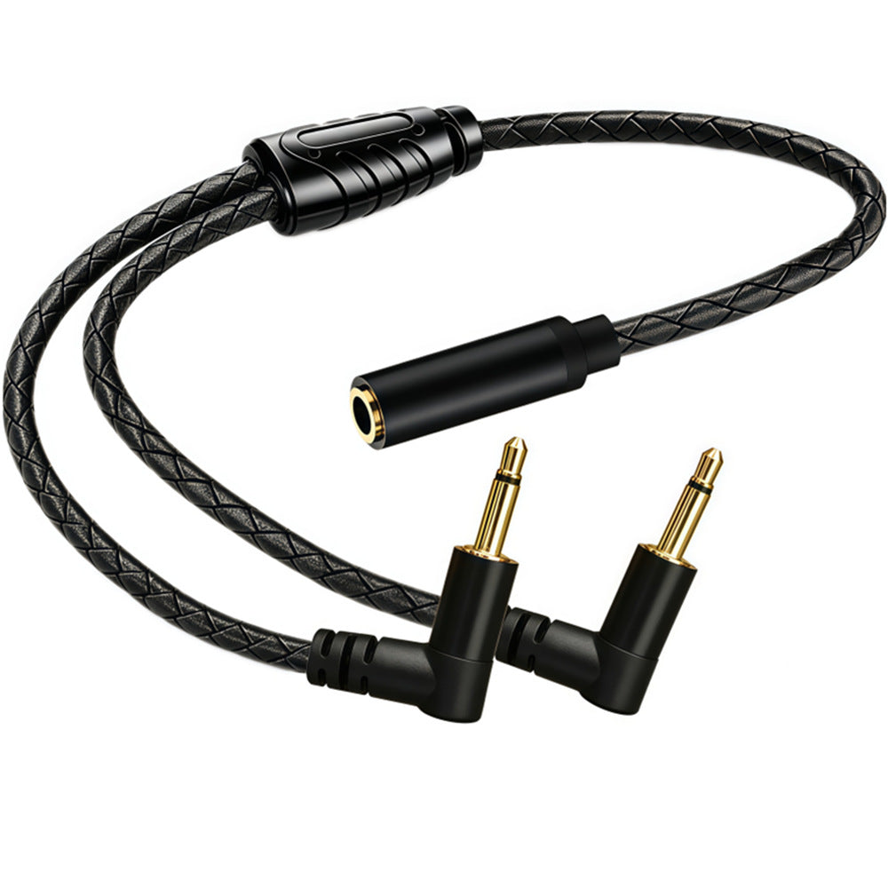Black braided 0.3m Y audio cable laid out to show one straight female socket and two 90-degree mono male plugs
