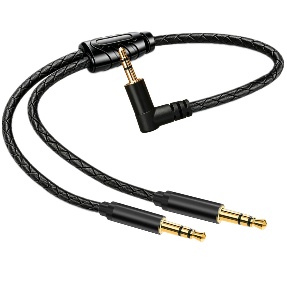 Black braided 3.5mm audio cable with right-angle connectors and gold-plated contacts, shown on a plain white background.