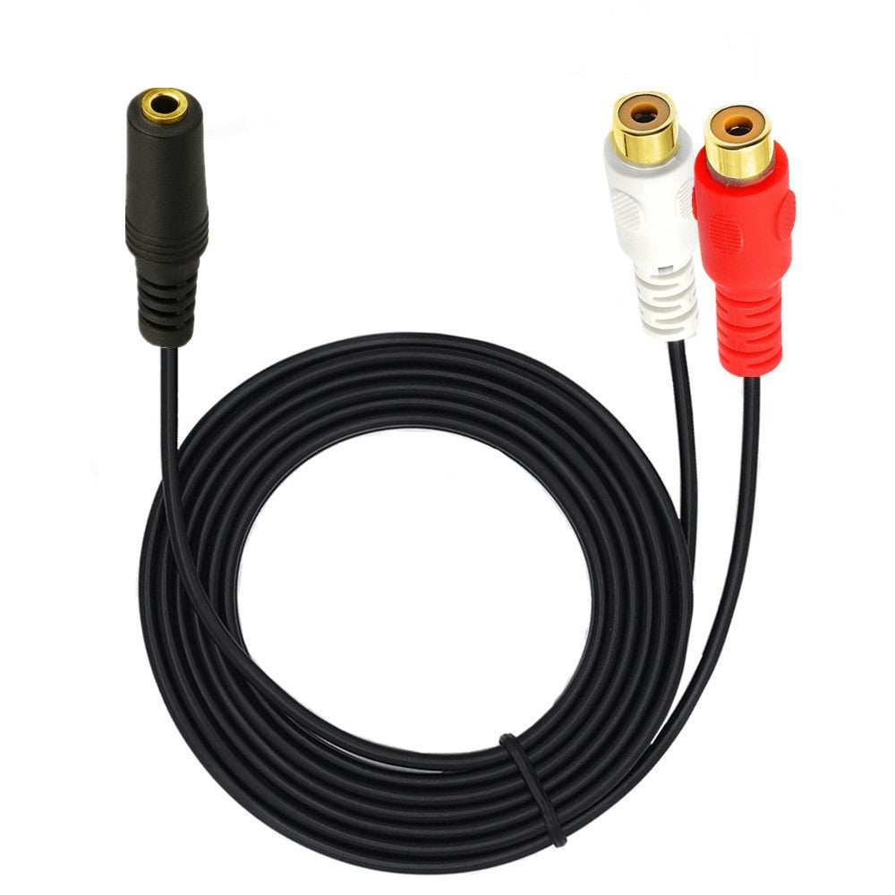 3.5mm female to dual RCA female audio splitter cable connected to home Hi-Fi equipment
