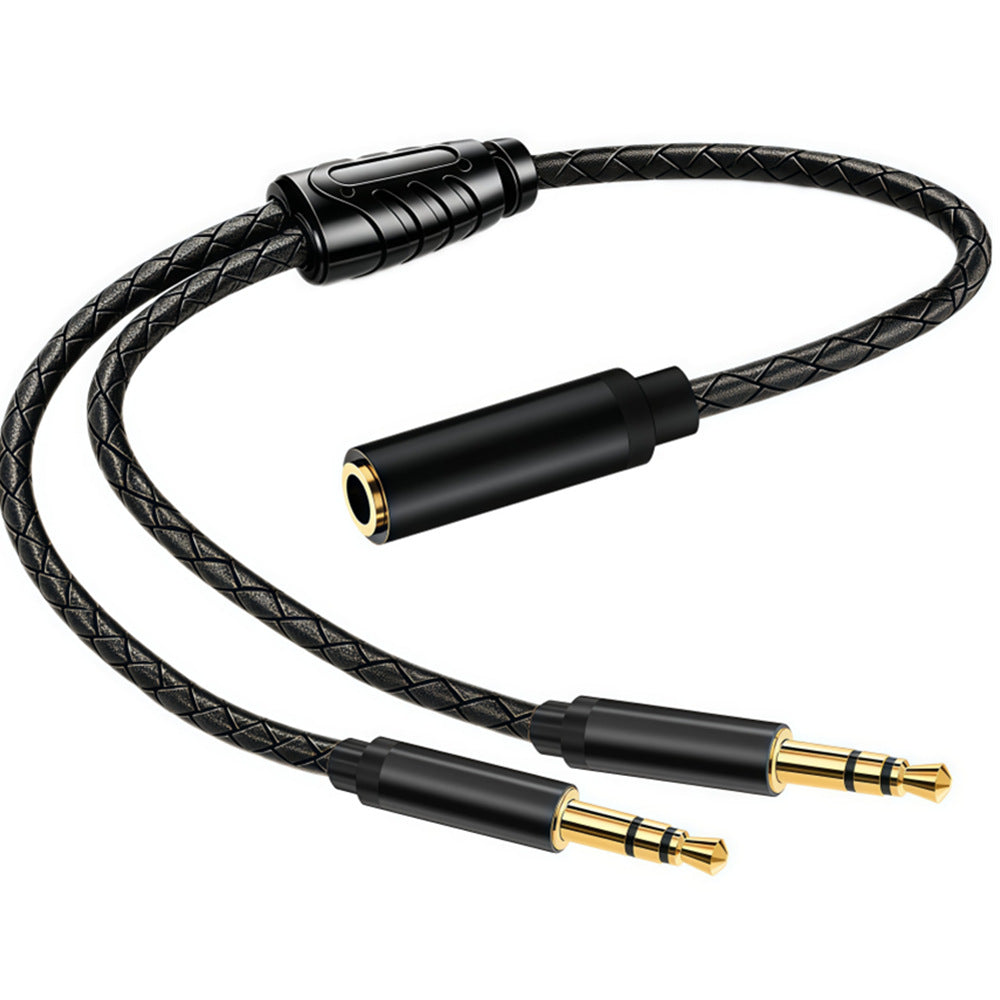 Black braided 0.3m 3.5mm TRS Y-cable with one female socket and two straight male plugs