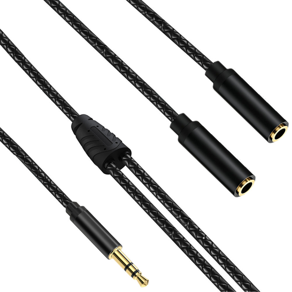Angled view of black 3.5mm TRS splitter cable showing the male plug and two female sockets