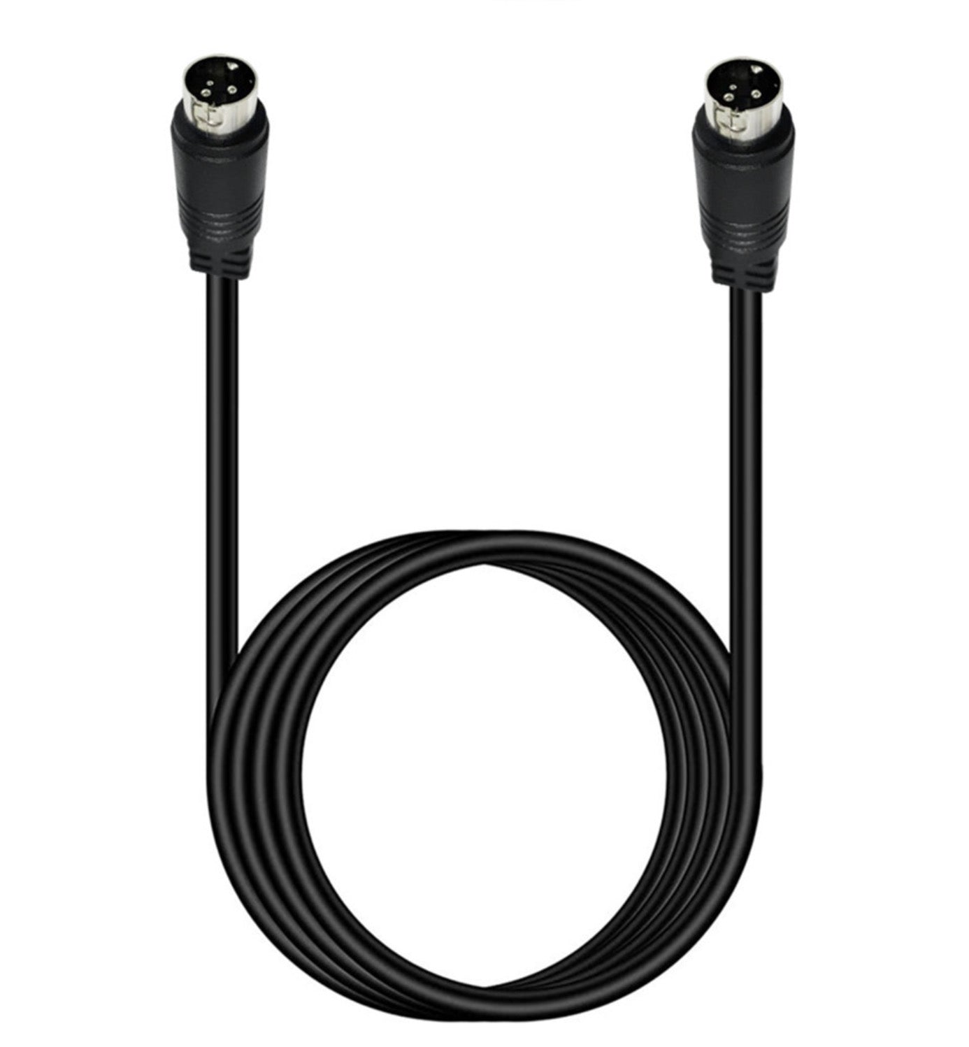 A black 3Pin medium DIN male to male speaker cable with soldered pins at both ends.