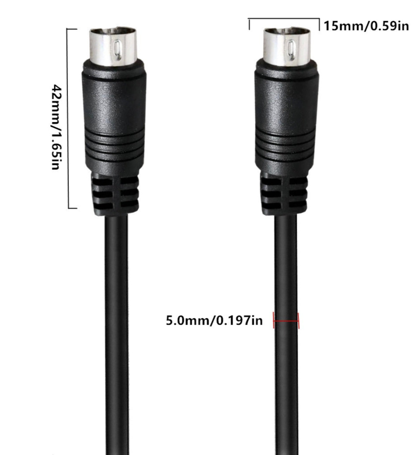 3 Pin medium DIN Male Adapter Cord, showing two male connectors of the cable with measurements.